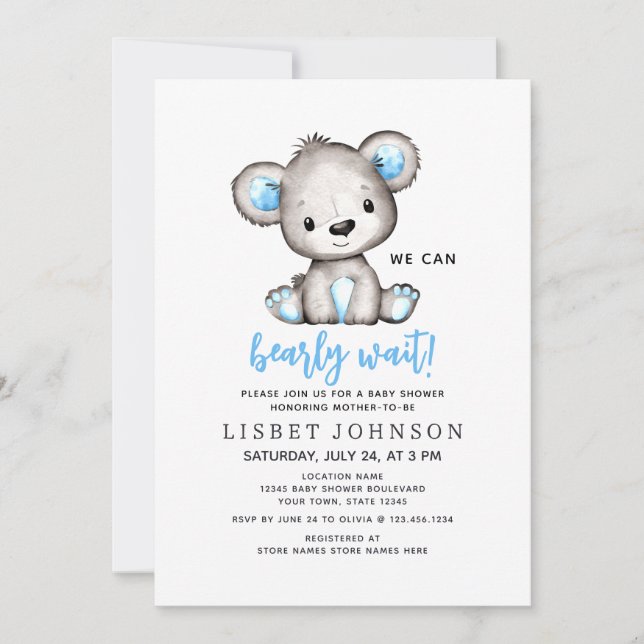 Convites We Can Bearly Wait Blue Teddy Bear Baby Shower (Frente)
