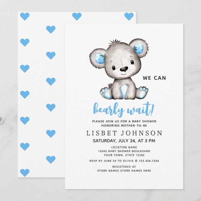 Convites We Can Bearly Wait Blue Teddy Bear Baby Shower (Frente/Verso)