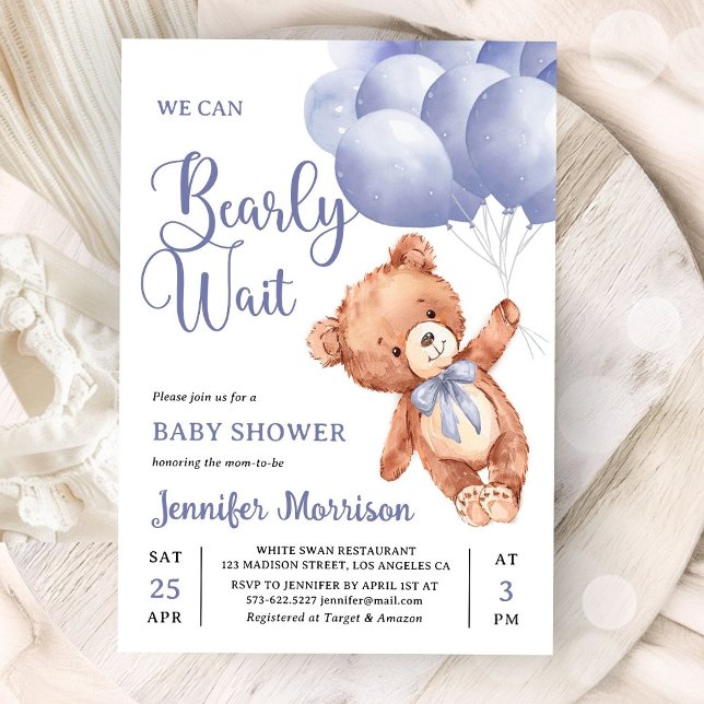 Convites We Can Bearly Wait Boy Blue Teddy Bear Baby Shower (Criador carregado)
