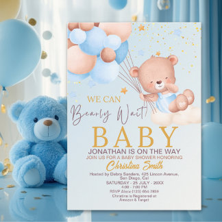 Convites We Can Bearly Wait Cute Bear Boy Baby Shower
