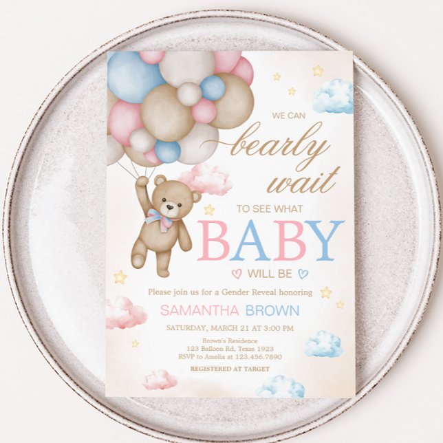 Convites We Can Bearly Wait Gender Reveal  (Bear Balloon He or She Gender Reveal Invitation)