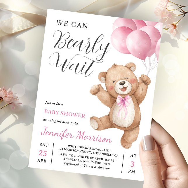 Convites We Can Bearly Wait Girl Teddy Bear Baby Shower (Criador carregado)