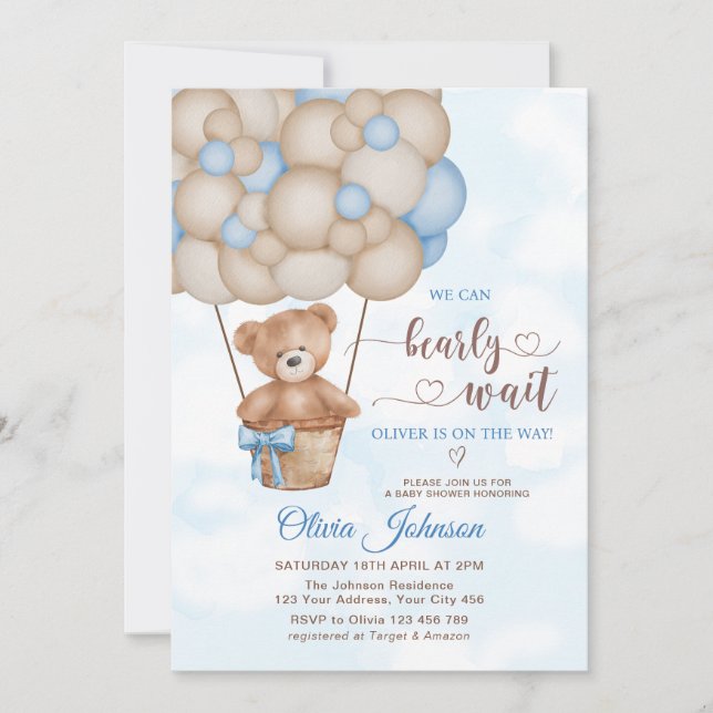 Convites We Can Bearly Wait Hot Air Balloon Baby Shower (Frente)