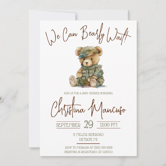 Convites We Can Bearly Wait Military Teddy Bear Baby Shower (Frente)