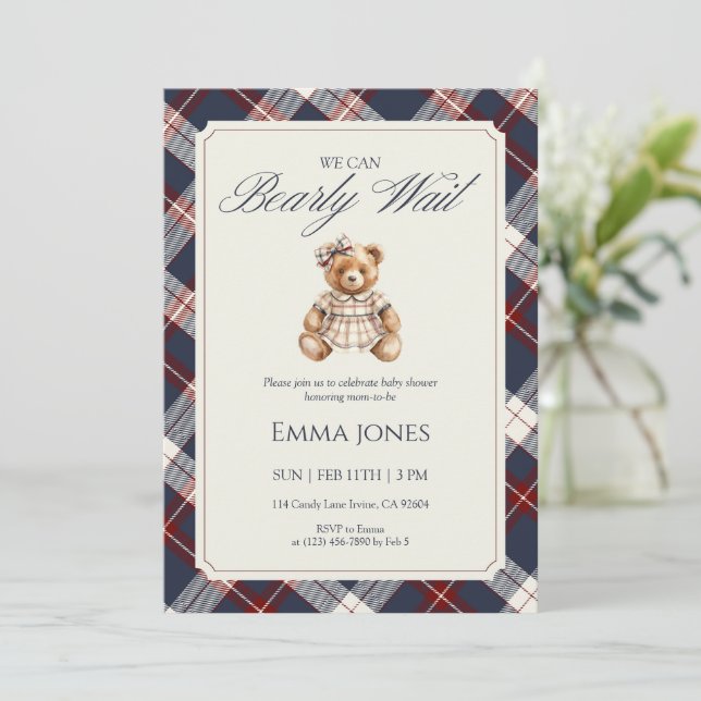 Convites We Can Bearly Wait Navy Plaid Bear Baby Shower (Em pé/Frente)