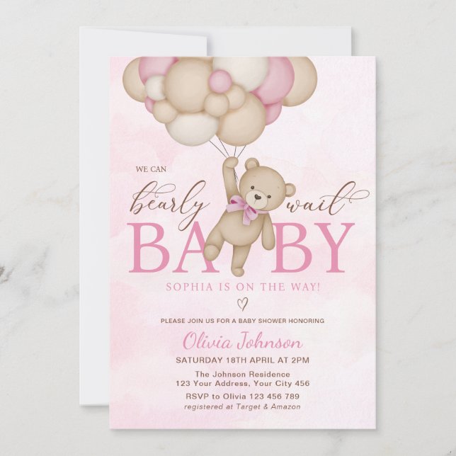 Convites We Can Bearly Wait Pink Baby Shower (Frente)