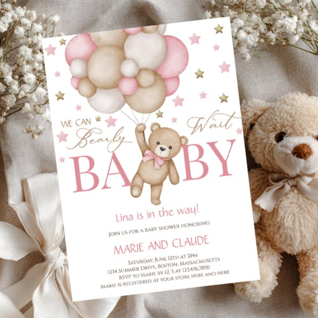 Convites We can Bearly Wait Pink&beige Balloons baby shower (Criador carregado)