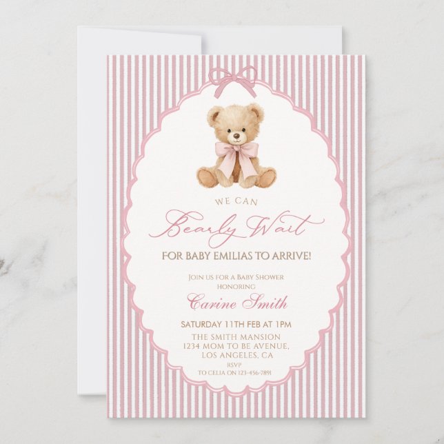 Convites We Can Bearly Wait pink bow girl Baby Shower (Frente)