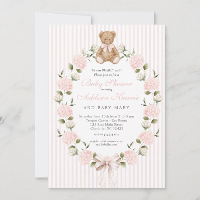Convites We can bearly wait pink bow Girl Baby Shower (Frente)
