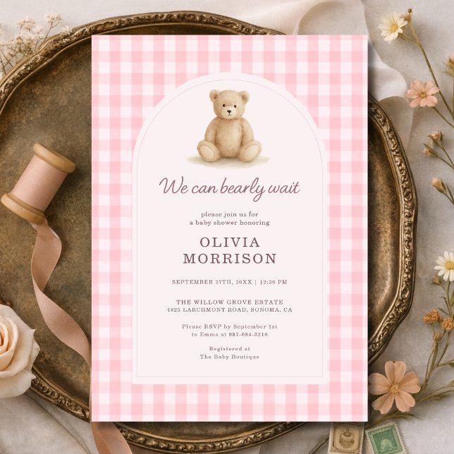 Convites We Can Bearly Wait Pink Gingham Baby Shower (Criador carregado)
