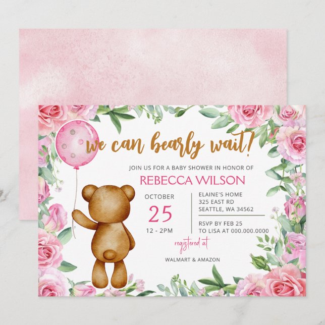 Convites We Can Bearly Wait Pink Girl Baby Shower (Frente/Verso)
