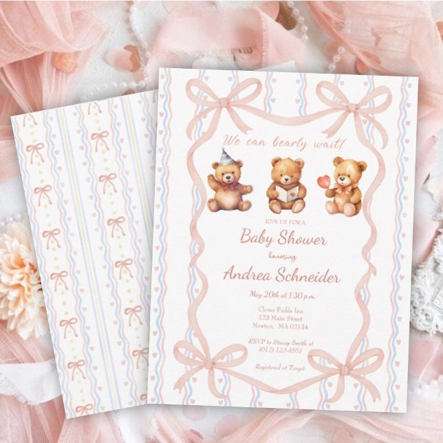 Convites We Can Bearly Wait Pink Lace Ribbon Baby Shower (Criador carregado)