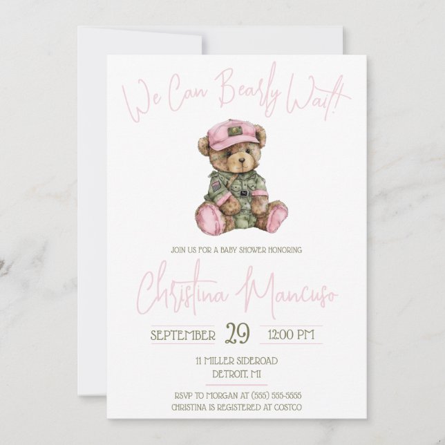 Convites We Can Bearly Wait! Pink Military Bear Baby Shower (Frente)