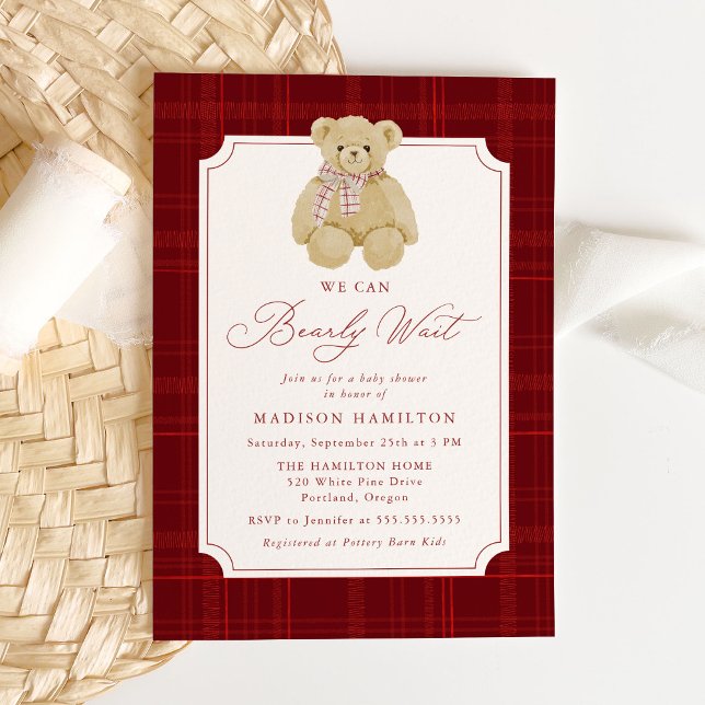 Convites We Can Bearly Wait Plaid Teddy Bear Baby Shower (Criador carregado)