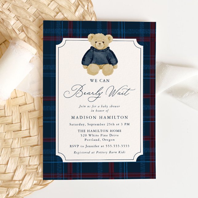 Convites We Can Bearly Wait Plaid Teddy Bear Baby Shower (Criador carregado)