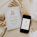 Convites We Can Bearly Wait Purple Gingham Teddy Bear Baby<br><div class="desc">Invite your friends and family to celebrate the soon to be birth of your baby girl! This design features a watercolor teddy bear with a purple bow,  and soft purple gingham plaid.</div>