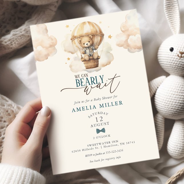Convites We Can Bearly Wait Teddy Bear Balloon Baby Shower (We Can Bearly Wait Teddy Bear Hot Air Balloon Baby Boy Shower Invitation)