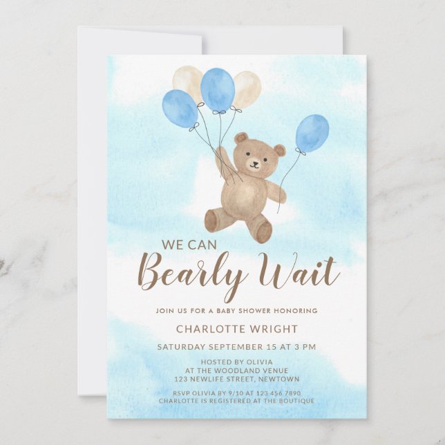 Convites We Can Bearly Wait Teddy Bear Boy Baby Shower (Frente)