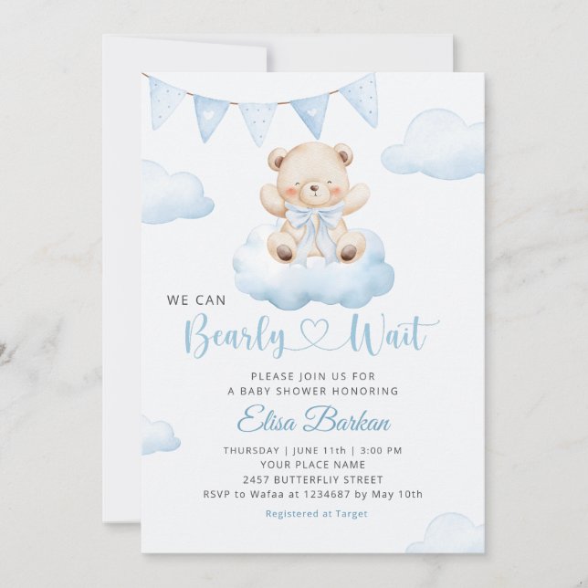 Convites We Can Bearly Wait Teddy Bear Boy Baby Shower (Frente)