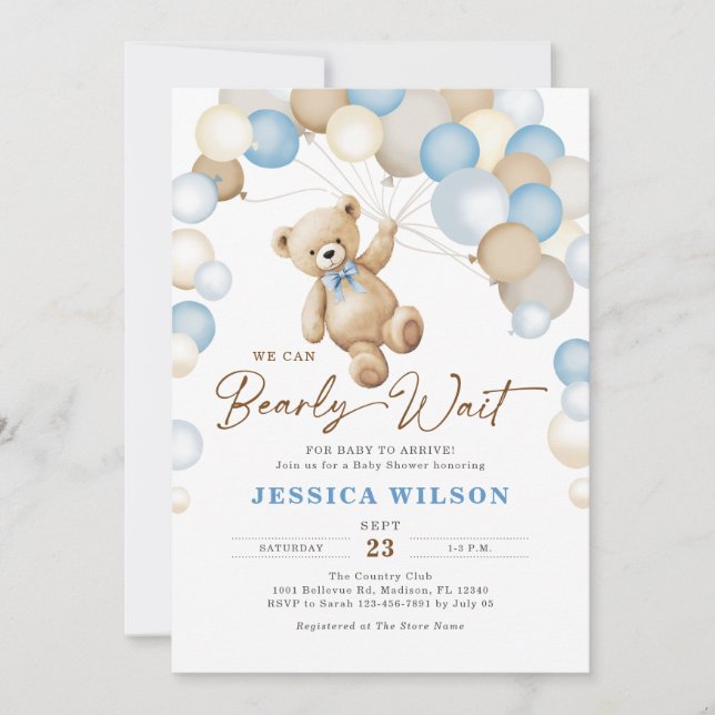Convites We Can Bearly Wait Teddy Bear Boy Baby Shower (Frente)