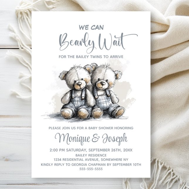 Convites We Can Bearly Wait Teddy Bear Twins Baby Shower (Criador carregado)