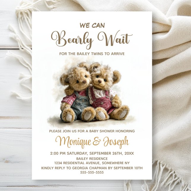 Convites We Can Bearly Wait Twin Teddy Bears Baby Shower (Criador carregado)