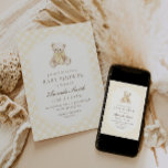 Convites We Can Bearly Wait Yellow Gingham Teddy Bear Baby<br><div class="desc">Invite your friends and family to celebrate the soon to be birth of your baby! This design features a watercolor teddy bear with a yellow bow,  and soft yellow gingham plaid. Perfect for a gender neutral baby shower.</div>