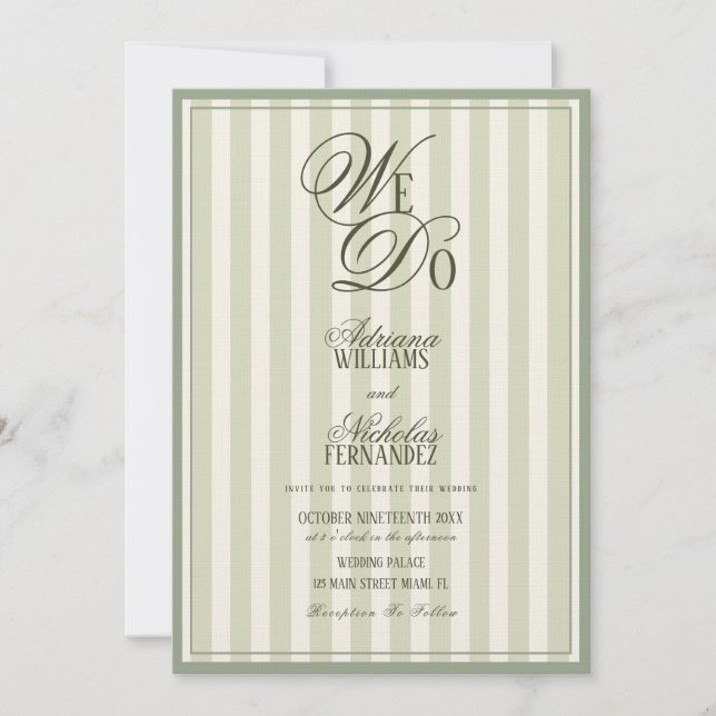 Convites We Do Elegant Striped Ivory Green Wedding (Frente)