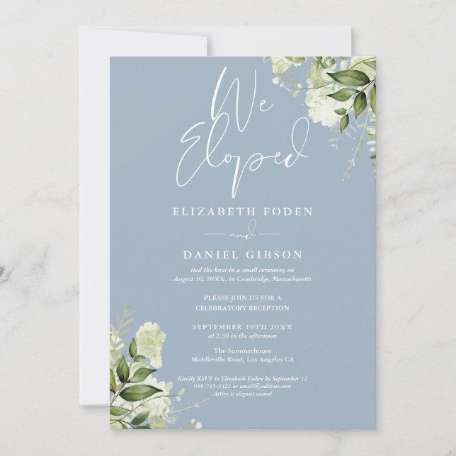 Convites We Eloped Dusty Blue Wedding Vows Greenery Party (Frente)