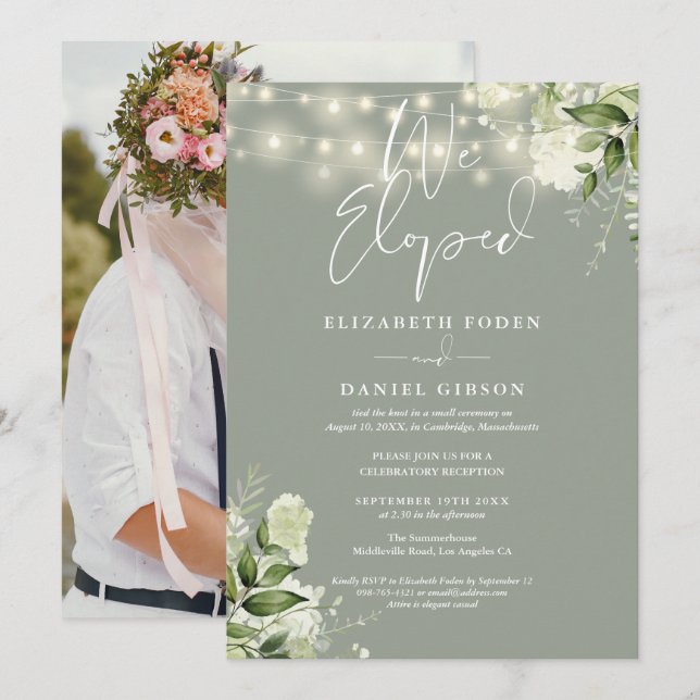 Convites We Eloped Greenery Sage Green Photo Wedding Party (Frente/Verso)