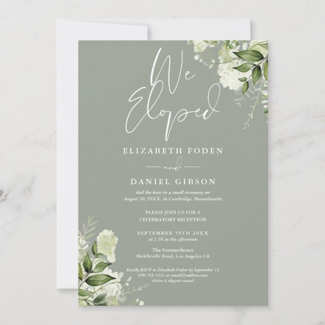 Convites We Eloped Sage Green Wedding Vows Greenery Party (Frente)