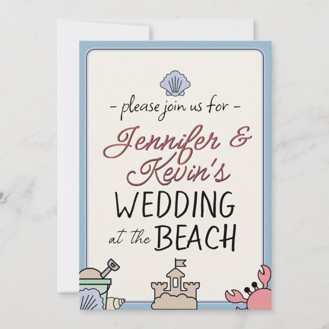 Convites Wedding Beach Party Invite Cute Sandcastle Crab  (Frente)