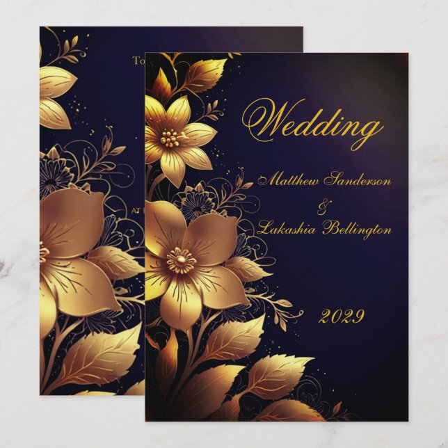 Convites Wedding Beautiful Gold flowers Modern (Frente/Verso)