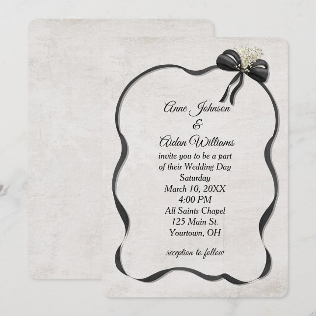 Convites Wedding Black Bow and Ribbon with Baby's Breath (Frente/Verso)