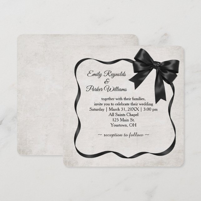 Convites Wedding Black Satin Ribbon Frame and Bow (Frente/Verso)