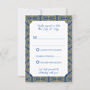 Convites Wedding Bleu e Dourada Flourish Damask RSVP