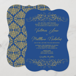 Convites Wedding Bleu e Faux Dourado Flourish Damask