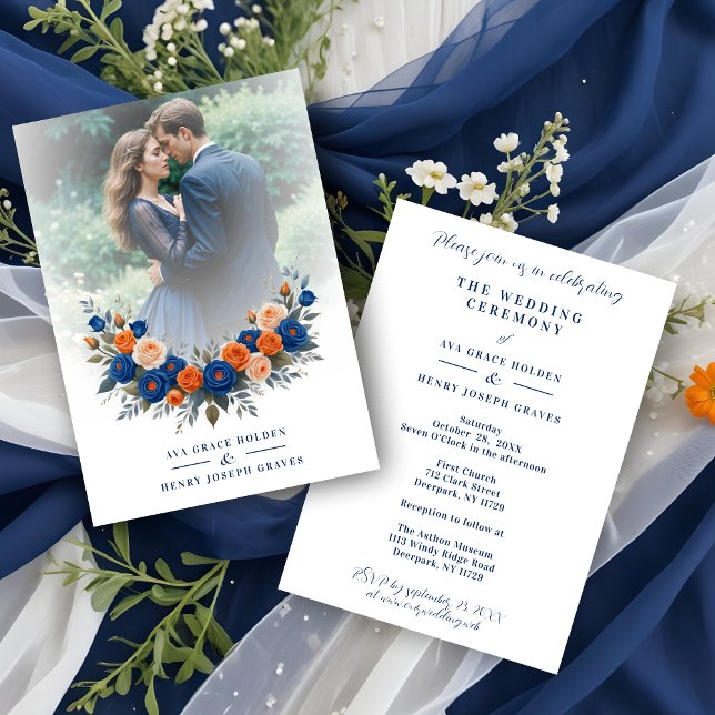 Convites Wedding Blue & Orange Flowers Romantic Garland (Wedding Blue & Orange Flowers Romantic Garland  Photo Invitation with Envelope.)