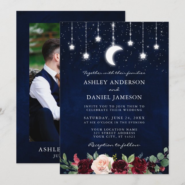 Convites Wedding Celestial Moon Stars Lights Foto Floral (Frente/Verso)