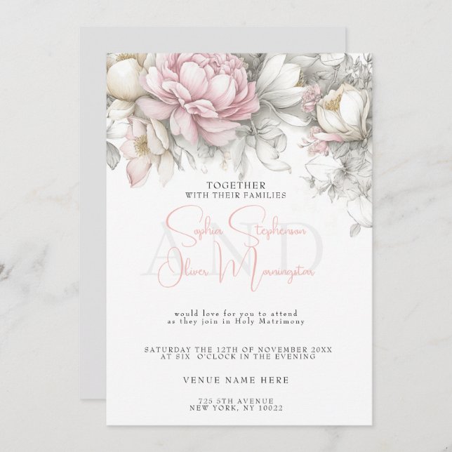 Convites Wedding | Classic Modern Ivory and Blush Floral  (Frente/Verso)