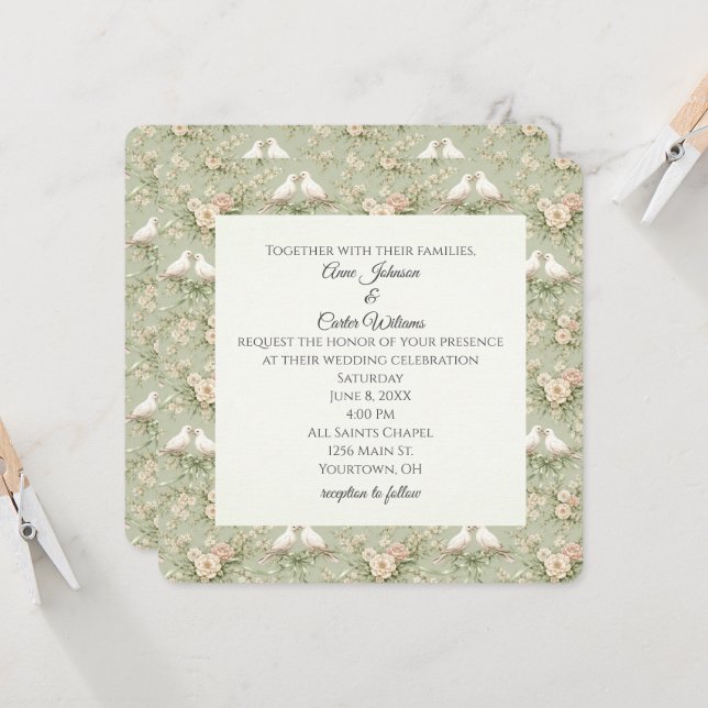 Convites Wedding Doves and Sage Green Ribbons (Frente/Verso In Situ)