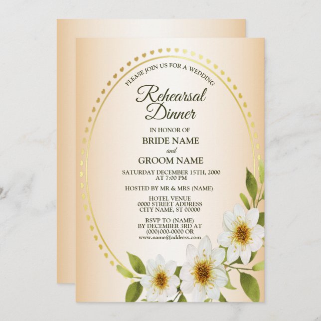 Convites Wedding Golden White Floral Peach Rehearsal Dinner (Frente/Verso)