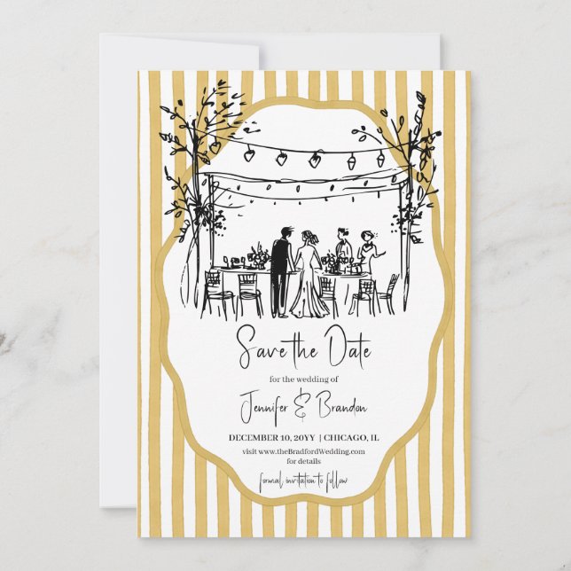 Convites Wedding hand sketched mustard striped (Verso)