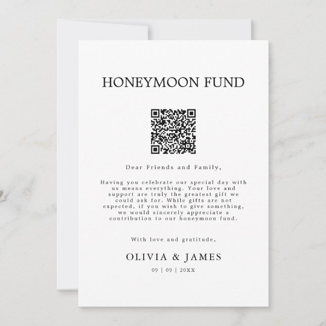 Convites Wedding Honeymoon Honeymoon Fund QR Code Sign,  (Frente)