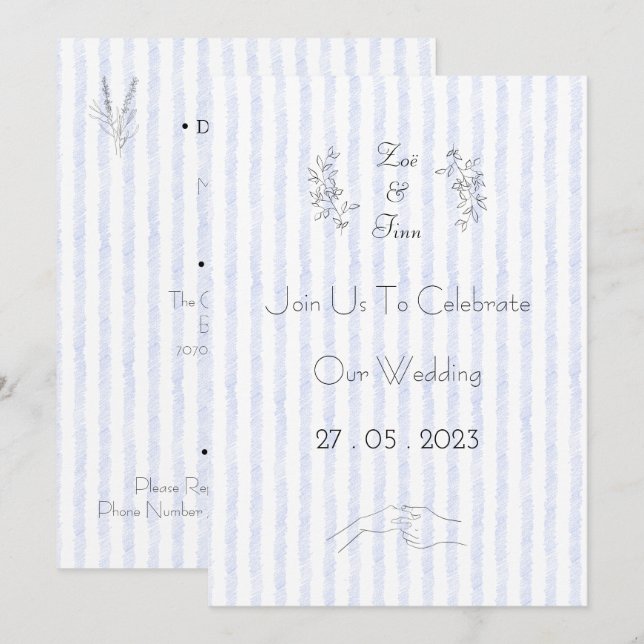 Convites Wedding Invitation (12,7 x 17,8 cm) - Blue Stripes (Frente/Verso)