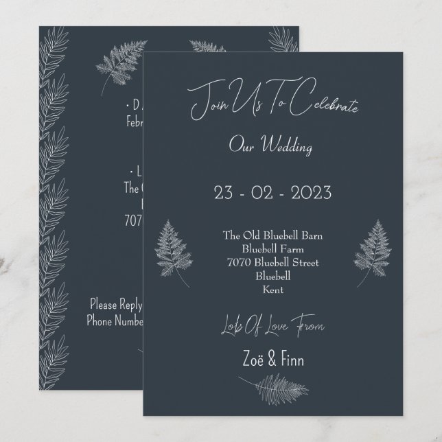 Convites Wedding Invitation (12,7x17,8cm) - Blue And White  (Frente/Verso)