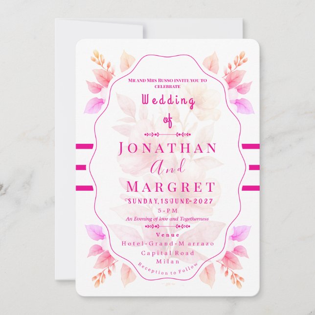Convites Wedding Invitation Classic Pink Floral Aesthetic (Frente)