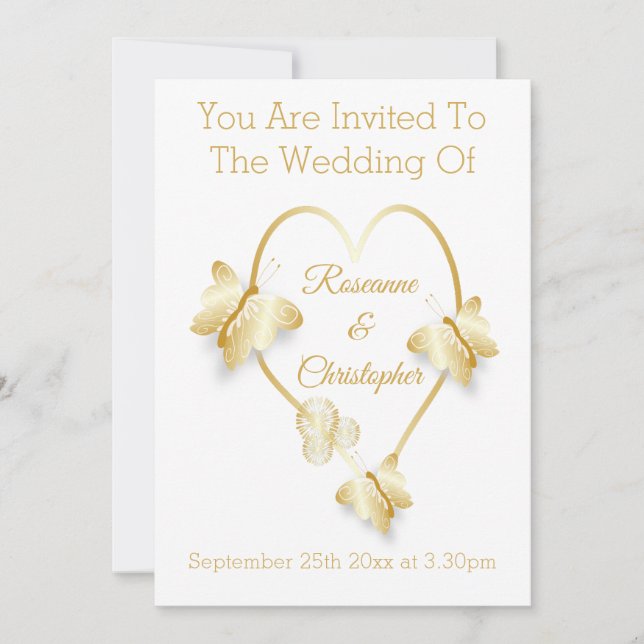 Convites Wedding Invitation Gold Coloured Heart Butterfly (Frente)