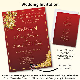 Convites Wedding Invitation Gold Rose Flowers Maroon Red