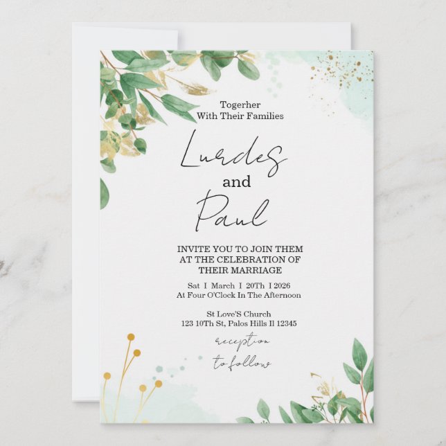 Convites  Wedding invitation  green flowers with gold (Frente)